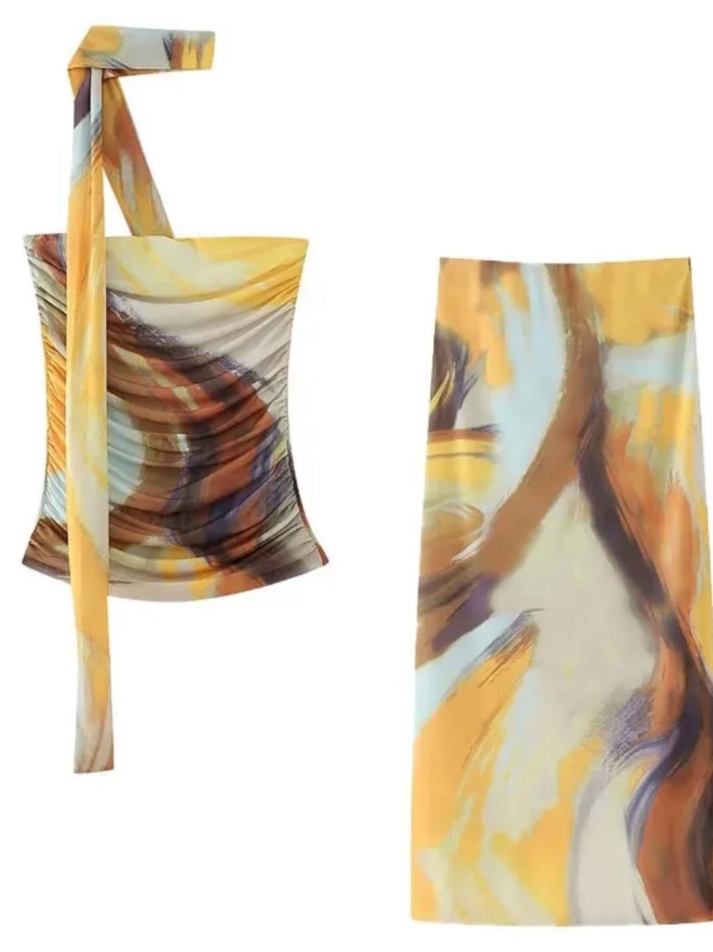 Abstract Print Two-Piece Set in Yellow, Brown & Cream